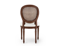 Louis XVI style antique chair dark brown stained wood with cane backrest and natural beige fabric seat. Louis XVI style antique chair dark brown stained wood with cane backrest and natural beige fabric seat.