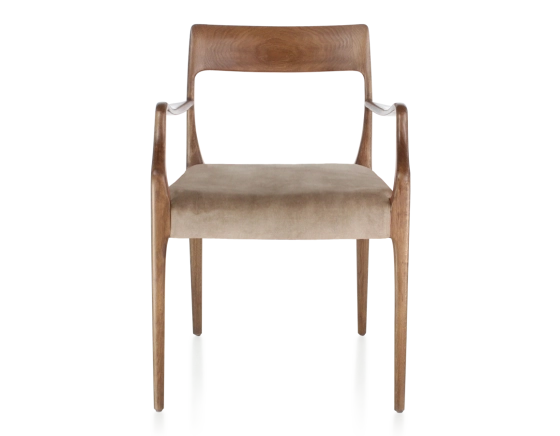 Scandinavian armchair with armrests walnut-stained wood, light taupe velvet seat
