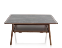 Table basse carré en noyer et céramique bois teinte naturelle plateau céramique effet marbre noir 100x100 cm