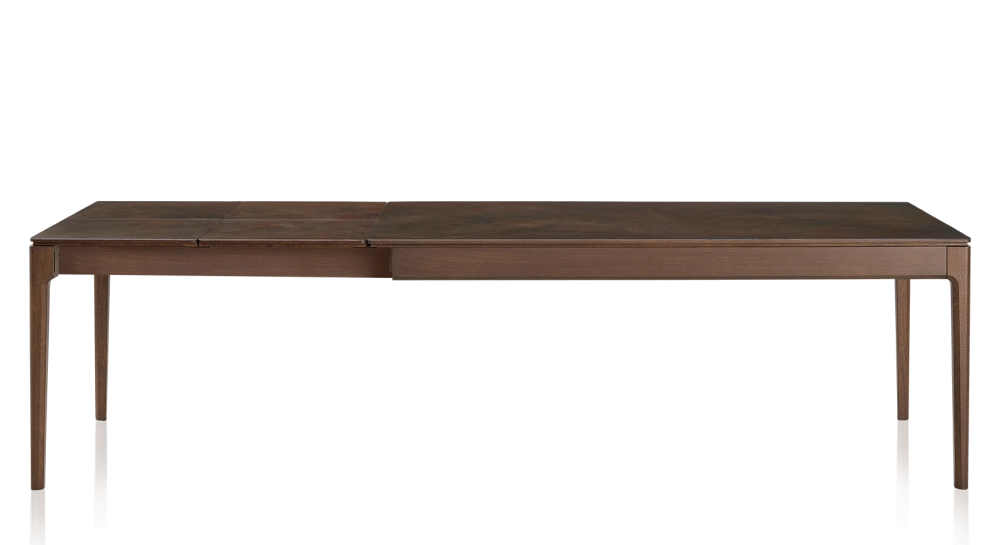 Table extensible 8 à 12 personnes en chêne et céramique allonges céramique avec bois teinte marron foncé et plateau et allonges céramique brun oxydé 160x100 cm