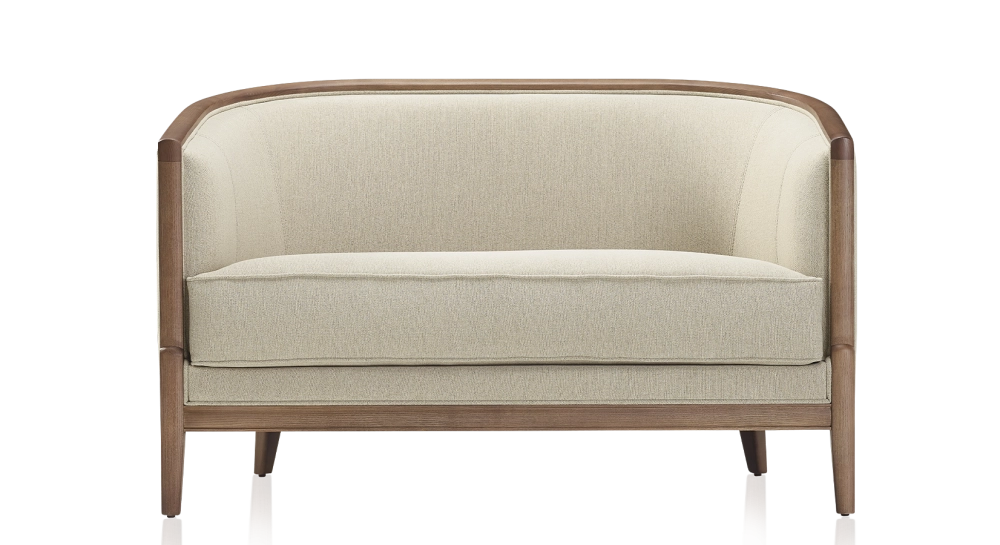 Canapé ancien 2 places bois teinte noyer et tissu beige naturel Canapé ancien 2 places bois teinte noyer et tissu beige naturel