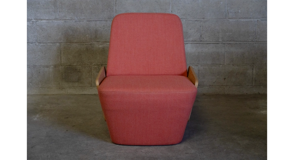 Designer armchair without armrests oak natural finish with pink fabric seat