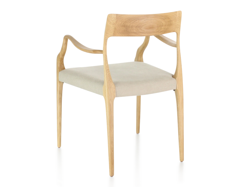 Scandinavian armchair with armrests natural wood stain camel fabric seat Scandinavian armchair with armrests natural wood stain camel fabric seat