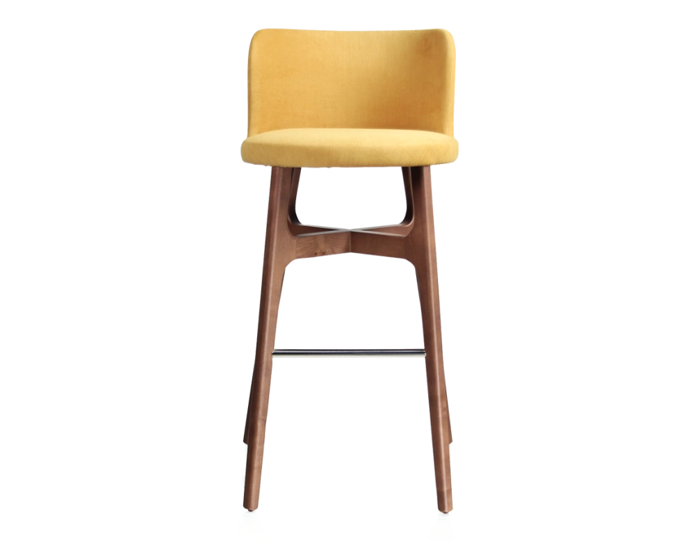 Bar stool h80 cm walnut-stained wood, yellow fabric seat Bar stool h80 cm walnut-stained wood, yellow fabric seat