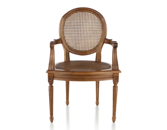 Chaise ancienne style Louis XVI avec accoudoirs bois teinte ancienne assise et dossier cannés