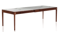 Table extensible 8 à 12 personnes en noyer et céramique allonges céramique avec bois teinte naturelle et plateau et allonges céramique effet marbre blanc 160x100 cm