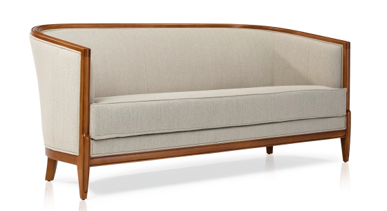 Antique 3 seater sofa with moulded armrests wood stained in an antique style and light grey fabric