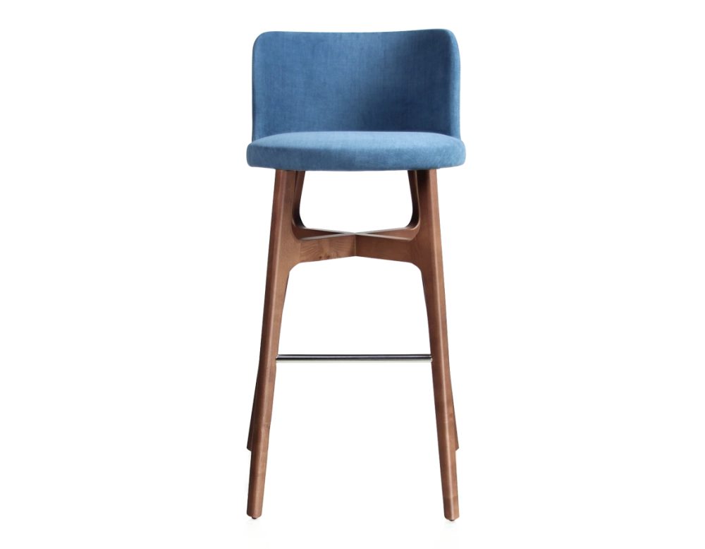 Tabouret de bar h80 cm bois teinte noyer assise tissu bleu jeans Tabouret de bar h80 cm bois teinte noyer assise tissu bleu jeans