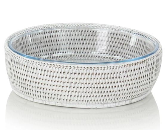 Plat pyrex rond avec support en rotin blanc