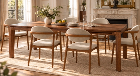 Table extensible 6 à 8 personnes en noyer avec plateau et allonges bois teinte naturelle 140x90 cm