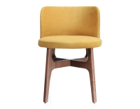 Designer chair walnut-stained wood, yellow fabric seat Designer chair walnut-stained wood, yellow fabric seat