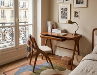 Scandinavian chair cherry-stained wood and beige fabric