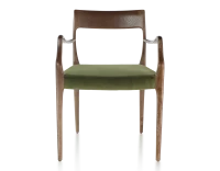 Chaise scandivave avec accoudoirs bois teinte marron foncé assise tissu vert olive