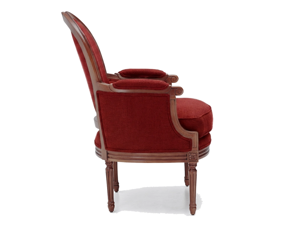 Sillón bergère moldurado estilo Luis XVI bois teinte ancienne et tissu bordeaux