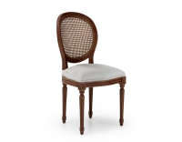 Louis XVI style antique chair dark brown stained wood with cane backrest and light grey fabric seat. Louis XVI style antique chair dark brown stained wood with cane backrest and light grey fabric seat.