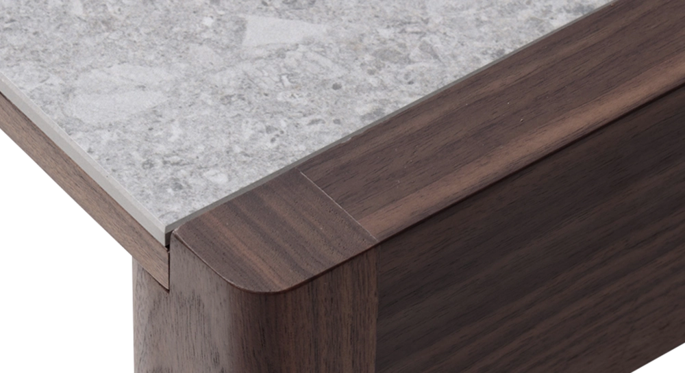 Extending table for 8 to 12 people in walnut and ceramic with ceramic extensions natural wood finish and grey terrazzo effect ceramic 180x100 cm Extending table for 8 to 12 people in walnut and ceramic with ceramic extensions natural wood finish and grey terrazzo effect ceramic 180x100 cm