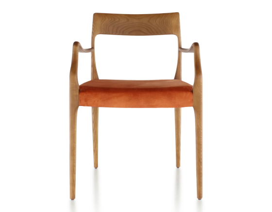 Chaise scandinave avec accoudoirs bois teinte merisier assise tissu velours terracotta