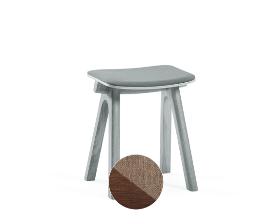 Upholstered oak stool H45 cm dark brown stained wood, taupe fabric seat