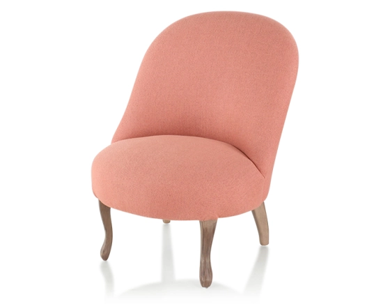 Fauteuil crapaud sans accoudoirs pieds bois teinte noyer et tissu rose corail