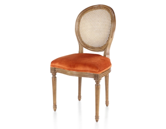 Chaise ancienne style Louis XVI bois teinte ancienne dossier canné assise tissu velours terracotta