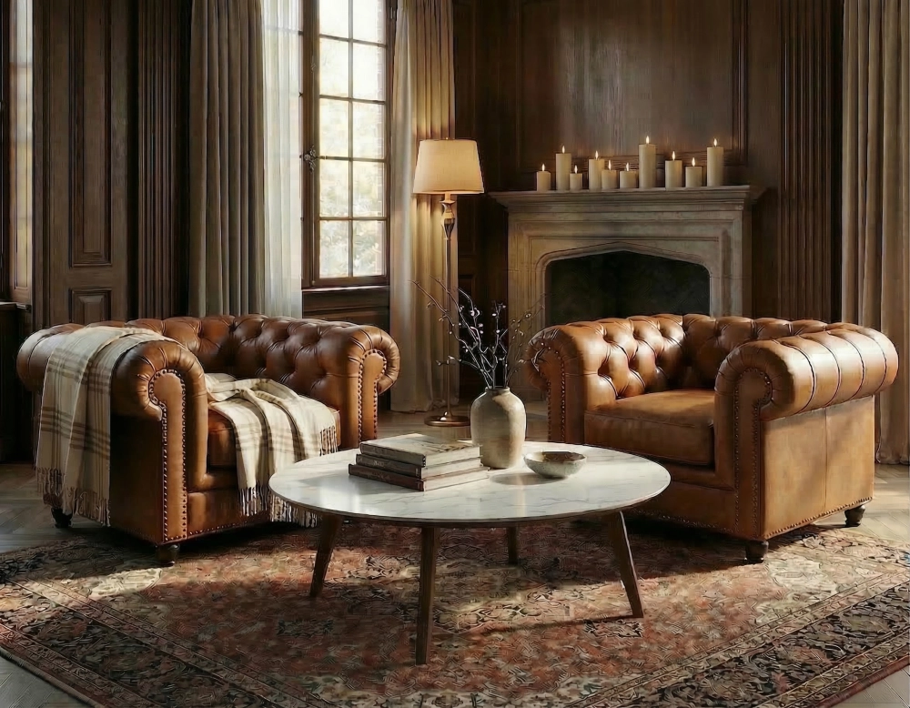 Sillón Chesterfield de piel cognac reposabrazos con tachuelas