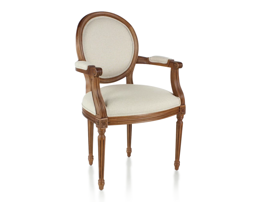 Chaise ancienne avec accoudoirs style Louis XVI tissu chevron beige