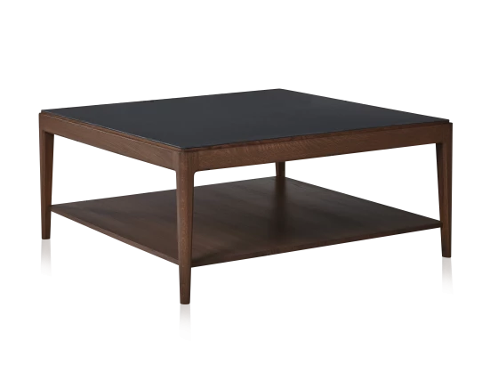 Table basse carrée en chêne et céramique avec tablette en bois teinte marron foncé plateau céramique brun oxydé 100x100 cm