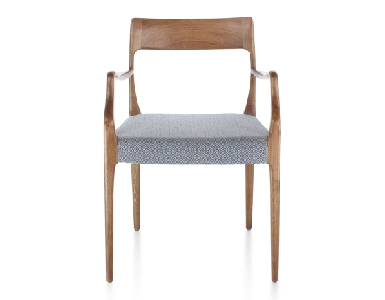 Chaise scandivave avec accoudoirs bois teinte noyer assise tissu chevron bleu