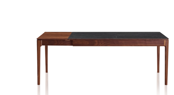 Extending table for 8 to 12 people in walnut and ceramic with wooden extensions with natural stained wood and slate effect ceramic top 180x100 cm