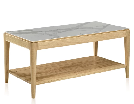 Table basse rectangulaire en chêne et céramique avec tablette en bois teinte naturelle plateau céramique effet marbre blanc 100x50 cm