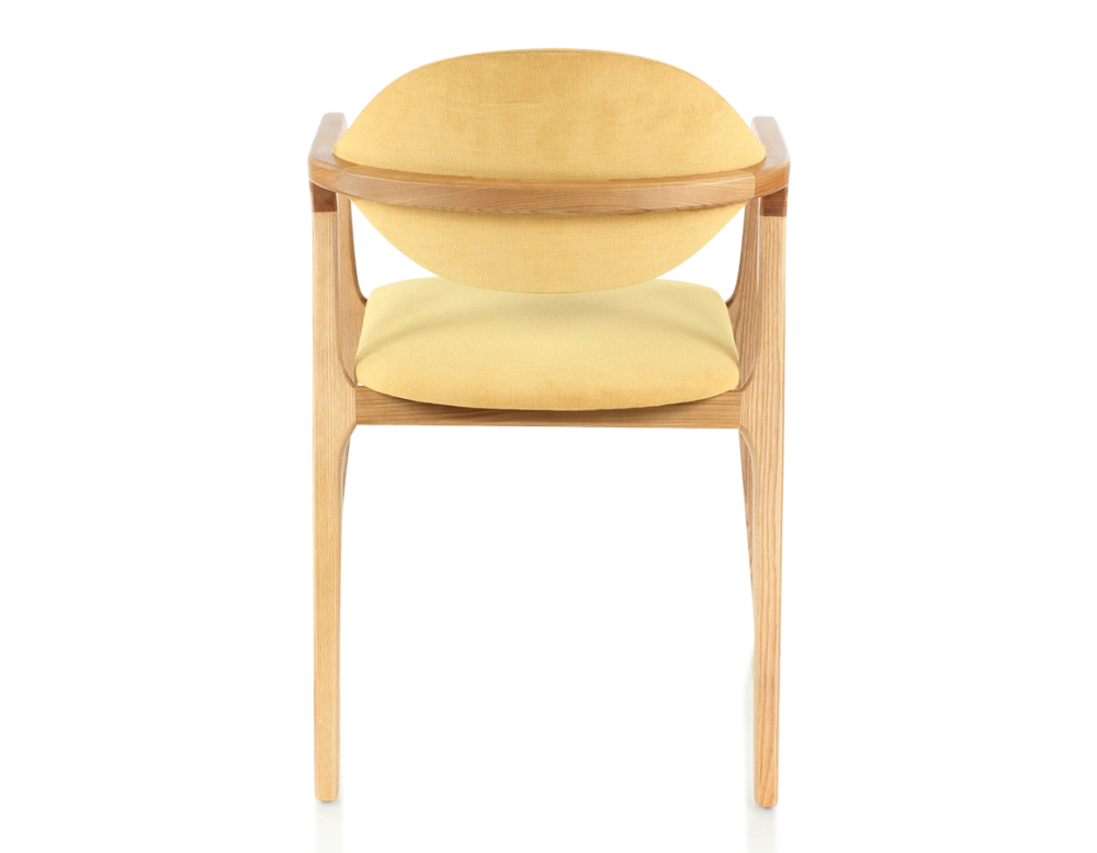 Chaise design avec accoudoirs bois teinte naturelle et tissu jaune Chaise design avec accoudoirs bois teinte naturelle et tissu jaune