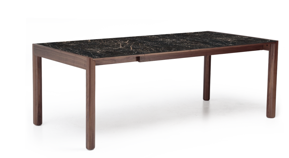 Extending table for 8 to 14 people in walnut and ceramic with ceramic extensions natural wood finish and black marble-effect ceramic m2 210x100 cm Extending table for 8 to 14 people in walnut and ceramic with ceramic extensions natural wood finish and black marble-effect ceramic m2 210x100 cm