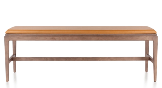 Banc design bois teinte noyer assise cuir caramel L120 cm