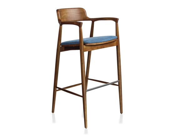 Tabouret de bar h80 cm bois teinte merisier assise tissu bleu jean