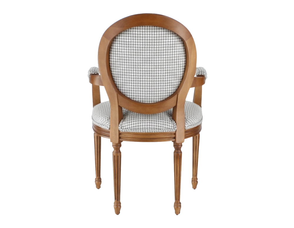 Sillón antiguo estilo Luis XVI bois teinte ancienne et tissu pied de poule blanc et taupe