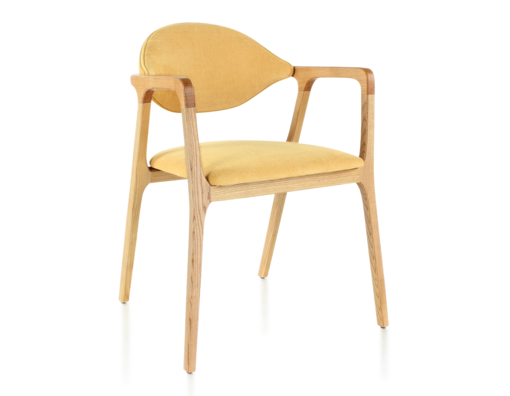 Designer chair with armrests natural wood stain and yellow fabric Designer chair with armrests natural wood stain and yellow fabric