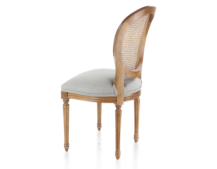 Chaise ancienne style Louis XVI bois teinte ancienne dossier canné assise tissu gris clair Chaise ancienne style Louis XVI bois teinte ancienne dossier canné assise tissu gris clair