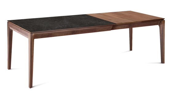 Table extensible 8 à 14 personnes en noyer et céramique allonges bois avec bois teinte naturelle et plateau céramique effet ardoise 210x100 cm