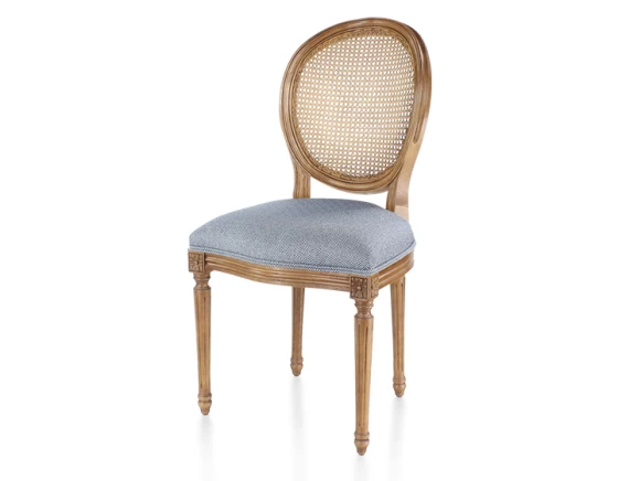 Chaise ancienne style Louis XVI bois teinte ancienne dossier canné assise tissu chevron bleu