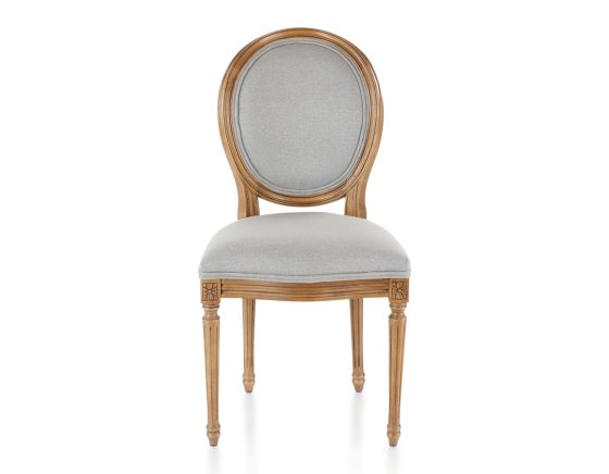 Antique Louis XVI style chair wood stained in an antique style and light grey fabric