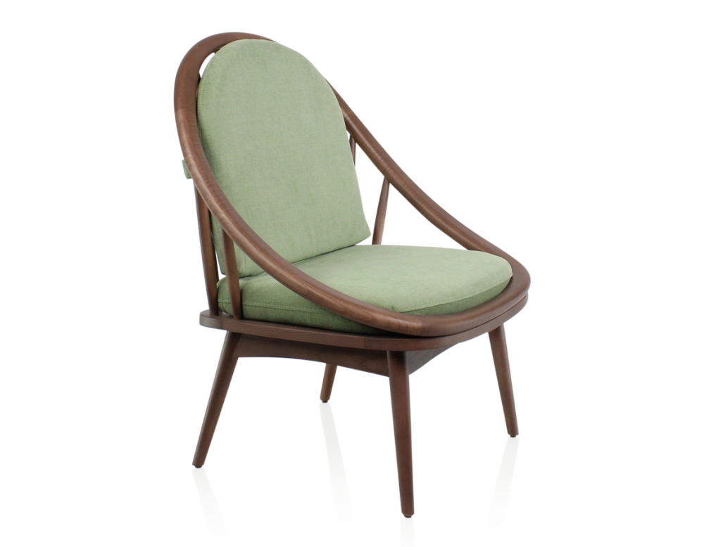Fauteuil scandinave bois teinte noyer et tissu vert Fauteuil scandinave bois teinte noyer et tissu vert