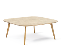 Table basse carré aux angles arrondis F2 en chêne et céramique bois teinte naturelle plateau céramique effet pierre travertin 110x110x40 cm