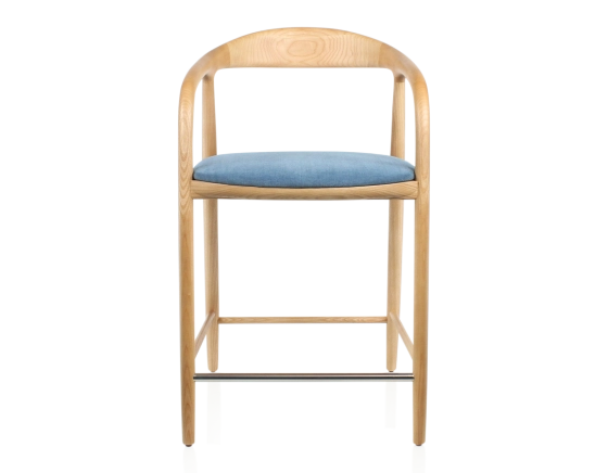 Tabouret de bar H60 cm bois teinte naturelle et tissu bleu jean