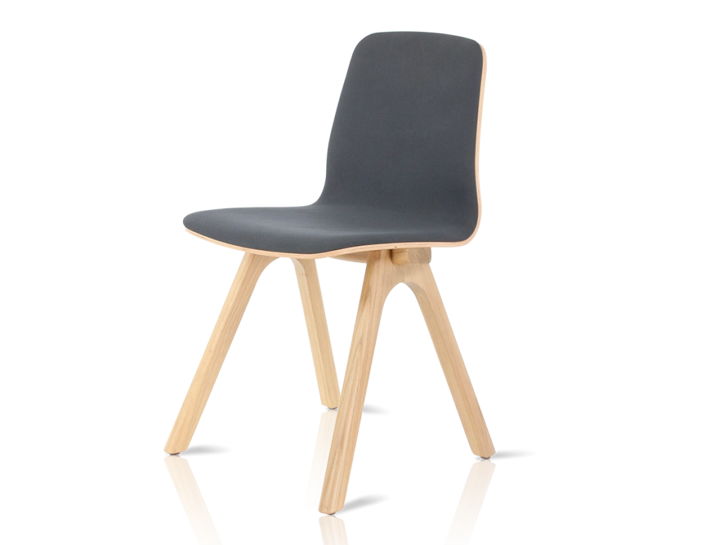 Upholstered oak designer chair natural wood stain, anthracite grey fabric seat Upholstered oak designer chair natural wood stain, anthracite grey fabric seat