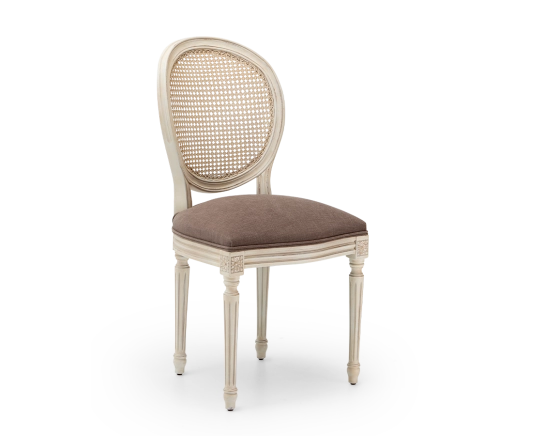 Louis XVI style antique chair white cerused wood with cane backrest and taupe fabric seat.