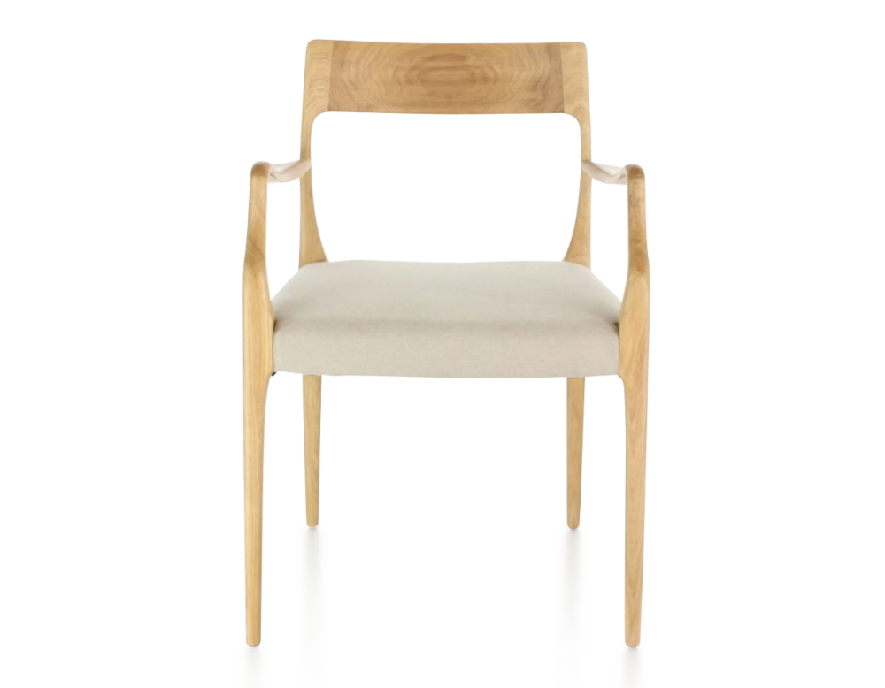 Scandinavian armchair with armrests natural wood stain camel fabric seat Scandinavian armchair with armrests natural wood stain camel fabric seat