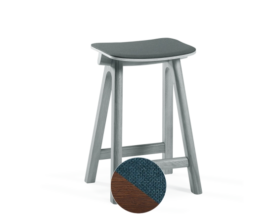 Upholstered oak bar stool H60 cm dark brown stained wood, ocean blue fabric seat