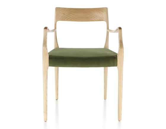 Chaise scandivave avec accoudoirs bois teinte naturelle assise tissu vert olive