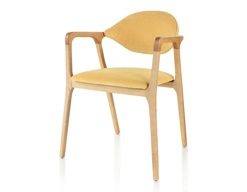 Chaise design avec accoudoirs bois teinte naturelle et tissu jaune Chaise design avec accoudoirs bois teinte naturelle et tissu jaune