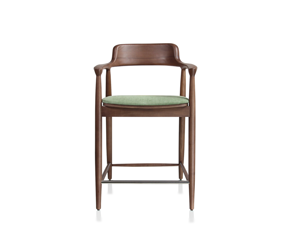 Tabouret de bar h60 cm bois teinte noyer assise tissu vert Tabouret de bar h60 cm bois teinte noyer assise tissu vert